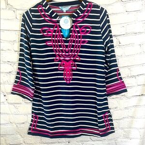 Escapada Living Navy Blue White Striped Pink Embroidery Tunic Top Size Medium